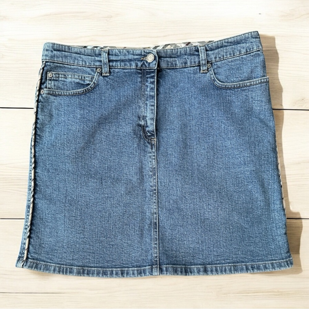 Burberry Blue Denim Skirt with Signature Nova Check Piping along Sides